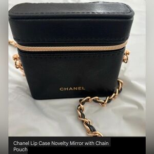 CHANEL Black Vegan Leather Cosmetic GWP Bag w 47” Chain
Gold Zip/Pearl Fastener